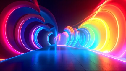 A vibrant, futuristic corridor illuminated by colorful neon lights, creating a surreal and dynamic visual effect.