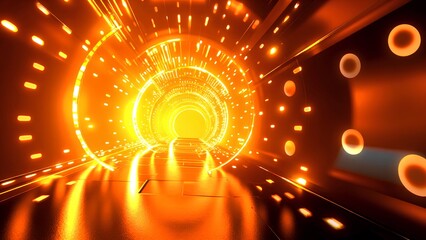 A vibrant, glowing tunnel with orange lights and dynamic patterns, suggesting movement and energy.