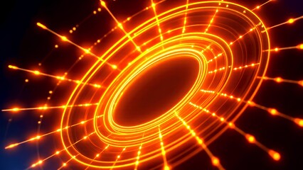 An abstract visual of vibrant orange light rays emanating from a central circular shape, creating a dynamic and energetic effect.