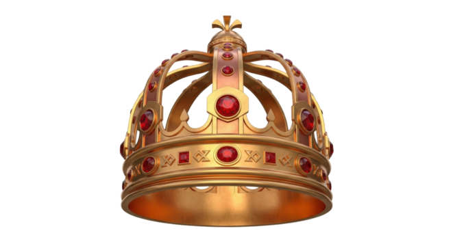 Isolated Golden crown with red jewels, coronation symbol of royalty and power concept