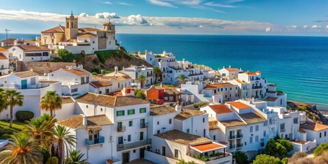 Obraz premium Scenic Coastal Village with White Houses and Church Overlooking Ocean