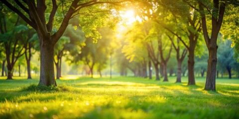 Fototapeta premium Serene Sunlit Forest Scene with Lush Green Trees and Grass