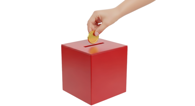 Isolated donation box with hand putting money inside; charitable giving for a cause, support