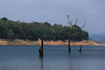 View of Vajiralongkorn Dam or Khao Laem Dam When the water recedes in the dry season, Sangkhlaburi,...