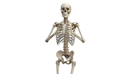 Isolated human skeleton model demonstrating anatomical structure standing upright fully visible