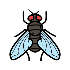 Stylized Fly Illustration with Red Eyes and Transparent Wings on White Background