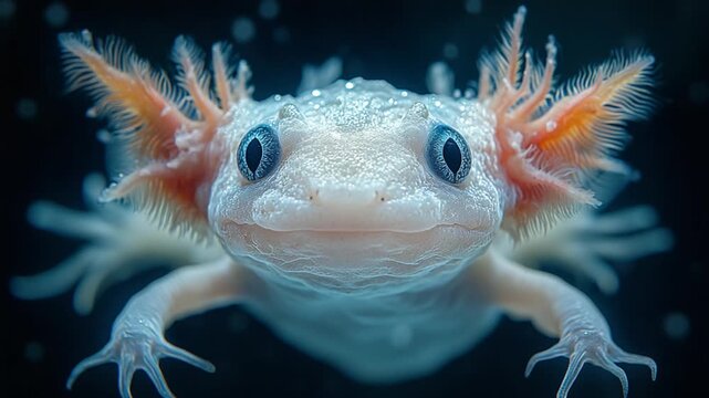 Close-up of a cute axolotl with feathery gills and big eyes, an aquatic salamander.