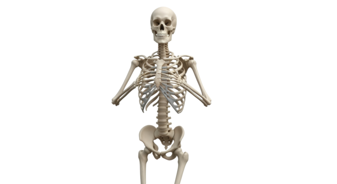 Isolated human skeleton model demonstrating anatomical structure standing upright fully visible