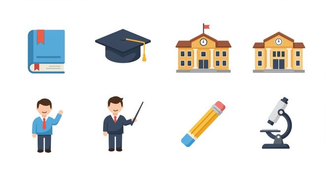 Education icons set featuring book graduation cap buildings teachers pencil microscope