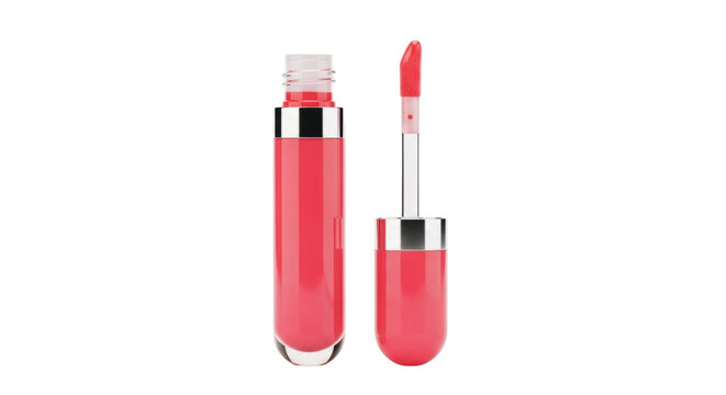 Isolated applicator stick next to a tube of pink lip gloss for a beauty product shot