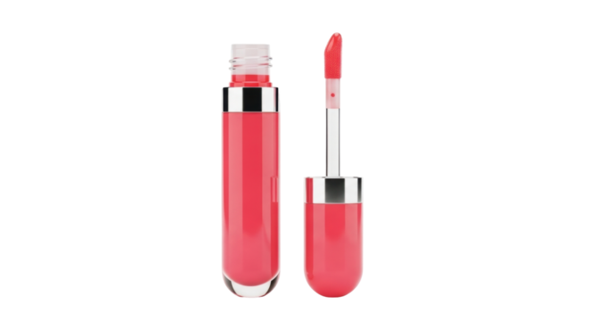 Isolated applicator stick next to a tube of pink lip gloss for a beauty product shot