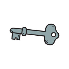 Silver Metal Key with Round Head and Intricate Cut Tooth Design on White Background