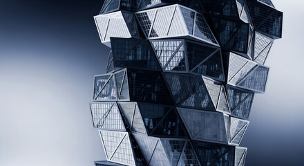 Futuristic architectural structure with geometric patterns and metallic textures, creating a modern and innovative design concept for urban development and architecture