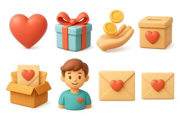 3d icons: heart, gift, coins, donation box, mail, smiling character