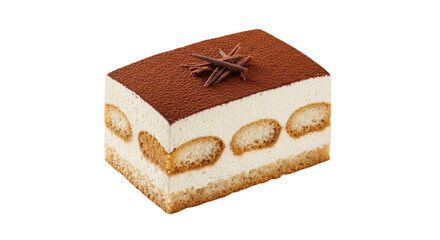 Isolated Tiramisu portion with cocoa powder and chocolate, delicious dessert, Italian food