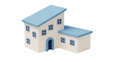 Isolated Two-Story House Structure with Blue Roof and Windows, Minimalist Architectural Design © Lena