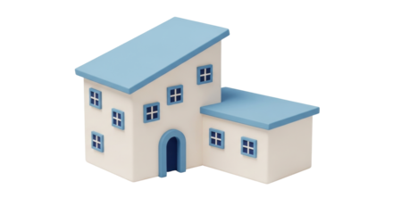 Isolated Two-Story House Structure with Blue Roof and Windows, Minimalist Architectural Design
