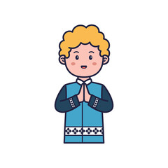 Smiling Boy With Blonde Hair in Blue Outfit Greeting on Transparent Background Pixel Art