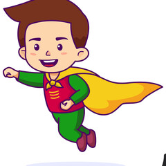 Smiling Boy Cartoon Flying with Yellow Cape Green Shirt and Pants Red Vest on Transparent Background