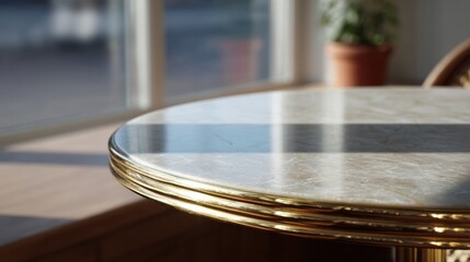 Obraz premium Sunlit marble table with golden edges, perfect for contemplative coffee mornings, exuding tranquility during International Day of Reflection