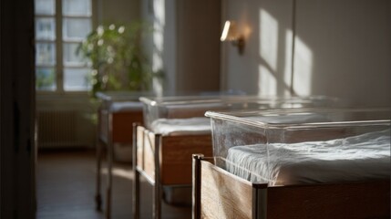 Empty sunlight-kissed cradles whisper untold beginnings, invoking quiet lullabies and Imbolc's promise, shimmering in serene anticipation of new life