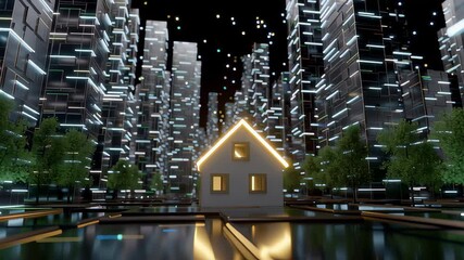 Virtual Metaverse Land with Illuminated House and Futuristic Cityscape at Night, 3D Architecture Environment Viewpoint - Powered by Adobe