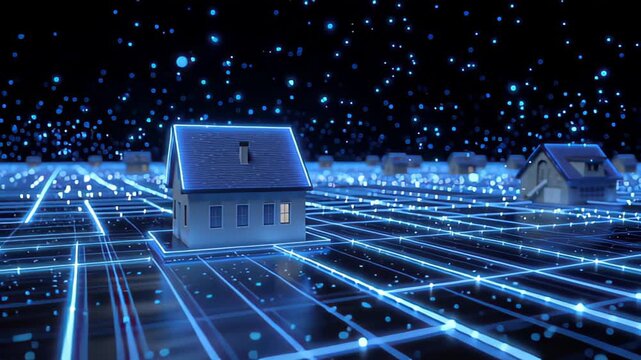 Virtual Land Parcels and Tiny Houses in the Metaverse Digital Environment, Futuristic Architecture Viewpoint with Blue Light Outlines
