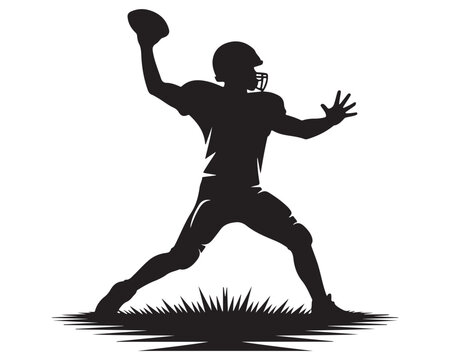 Dynamic silhouette of an american football quarterback in mid throw on a white background with grass detail