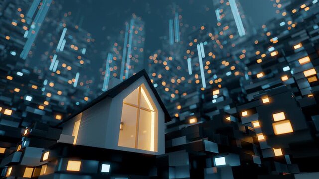 Digital transformation showcasing metaverse virtual land development with futuristic architecture in urban nightscape, immersive viewpoint, tech innovation concept