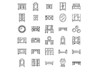 Mirror Furniture Icons: 25 Unique Black & White Vector Designs, Vector Mirror Furniture: Thick Line Drawing Icon Set, Monochrome Furniture with Mirrors: 25 Detailed Outline Icons