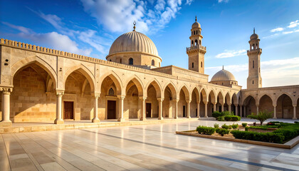 Exterior view of a mosque with a large dome and two minarets under a blue sky.