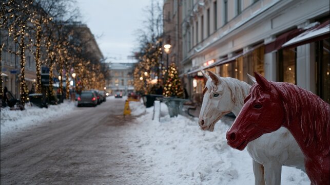 Enchanted snow-clad avenue flanked by mystical horse statues, twinkling lights whispering winter solstice tales, Scandinavian Yuletide charm