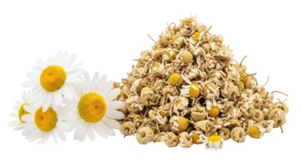 Isolated display of fresh and dried chamomile flowers for making herbal tea or medicine