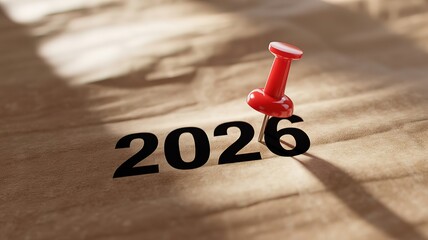 Red Push Pin Marking Year 2026 on Brown Paper Background,  Future Planning Concept, made with generative Ai
