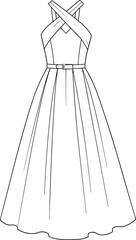 Crisscross Maxi Dress Flat Sketch, Fashion CAD Illustration, Belted Gown Technical Drawing, Vector Long Dress Template, Apparel Mockup