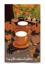 Hot drink, cosy autumn coffee drink, with orange pumpkins and cinnamon, orange pumpkins, wooden rustic background.