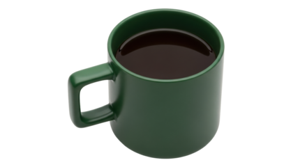 Isolated forest green cup, filled with dark coffee or tea, on simple surface, for use as a stock image