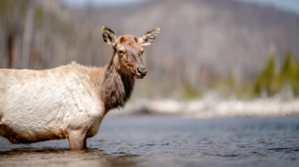 Majestic elk wades serenely in shimmering creek, embracing nature's harmony, perfect for Earth Day or Wilderness Preservation Week