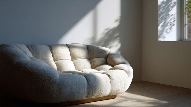 Sunlit plush sofa whispers autumnal serenity, evoking cozy afternoon repose, Hygge vibes, and Lazy Day Voluptuary
