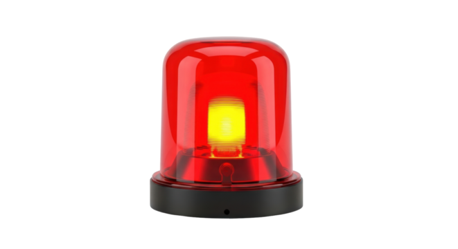 Isolated red rotating light emits light, often used by emergency services, high detail, indoors