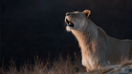 Roaring lioness basks in twilight symphony, embodying strength and serenity, echoing World Wildlife Day and Leo zodiac symbolism