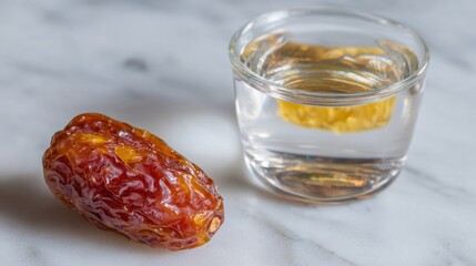 Dappled sunlight glancing off a honeyed Medjool date beside shimmering water invokes Ramadan reflections and ancient desert mystique