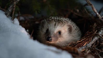 Obraz premium Cozy hedgehog nestled in frosty pine needles, evoking Winter Solstice whimsy, symbolizing nocturnal retreat and woodland mysteries