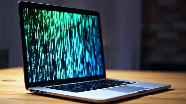 A laptop displaying a vibrant, abstract blue-green pattern sits on a wooden surface, low-light setting