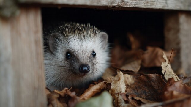 Cozy hedgehog nestled under rustic leaves, invokes autumnal tranquility, International Hedgehog Day, nature's hidden microcosms