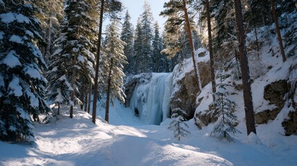 Fototapeta premium Snow-draped forest cocooning a frozen waterfall, whispers of Yule festivity, frozen serenity for Narnia-inspired winter retreats
