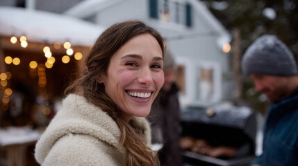 Snow-kissed joy on Caucasian woman's face, winter solstice gathering, cozy warmth, hygge spirit amidst twinkling Yuletide luminescence