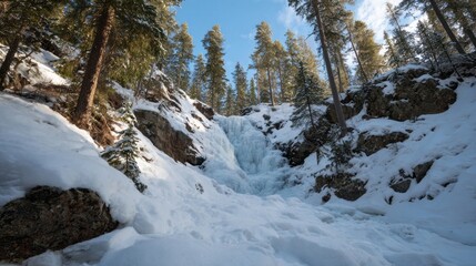Frozen waterfall cascades through enchanted winter forest, evoking Nordic Yule festivities and mystical ice sculpting traditions