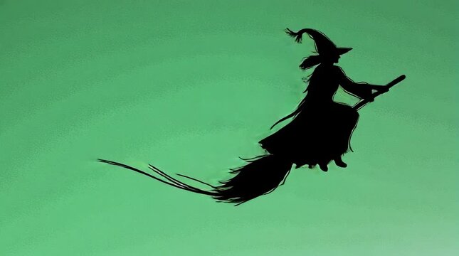 silhouette of a witch on moving Broom isolated on green background 