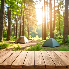 Wooden table in a summer forest campsite